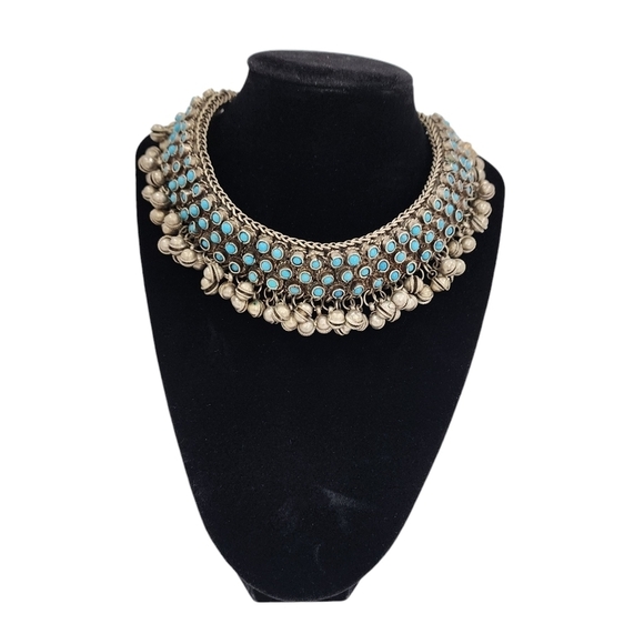 Rare Indian Antique Slivertone and Turquoise Necklace and Bracelet from 1950s - Picture 2 of 16